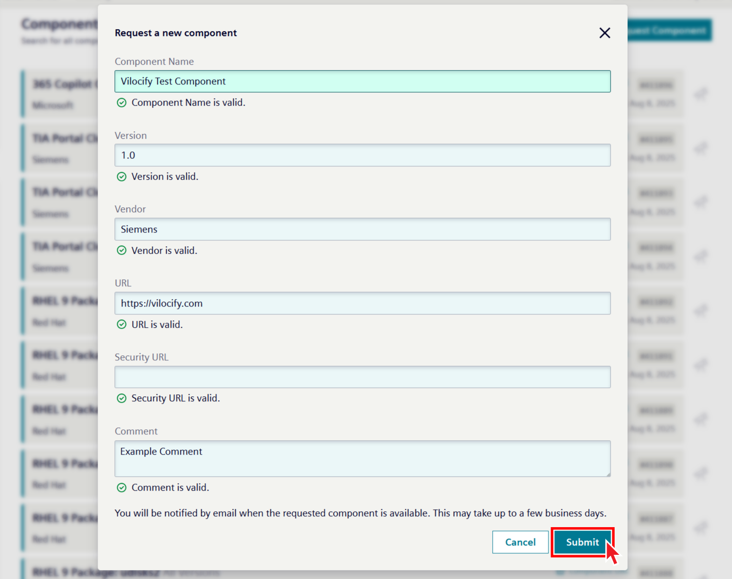 Request new component